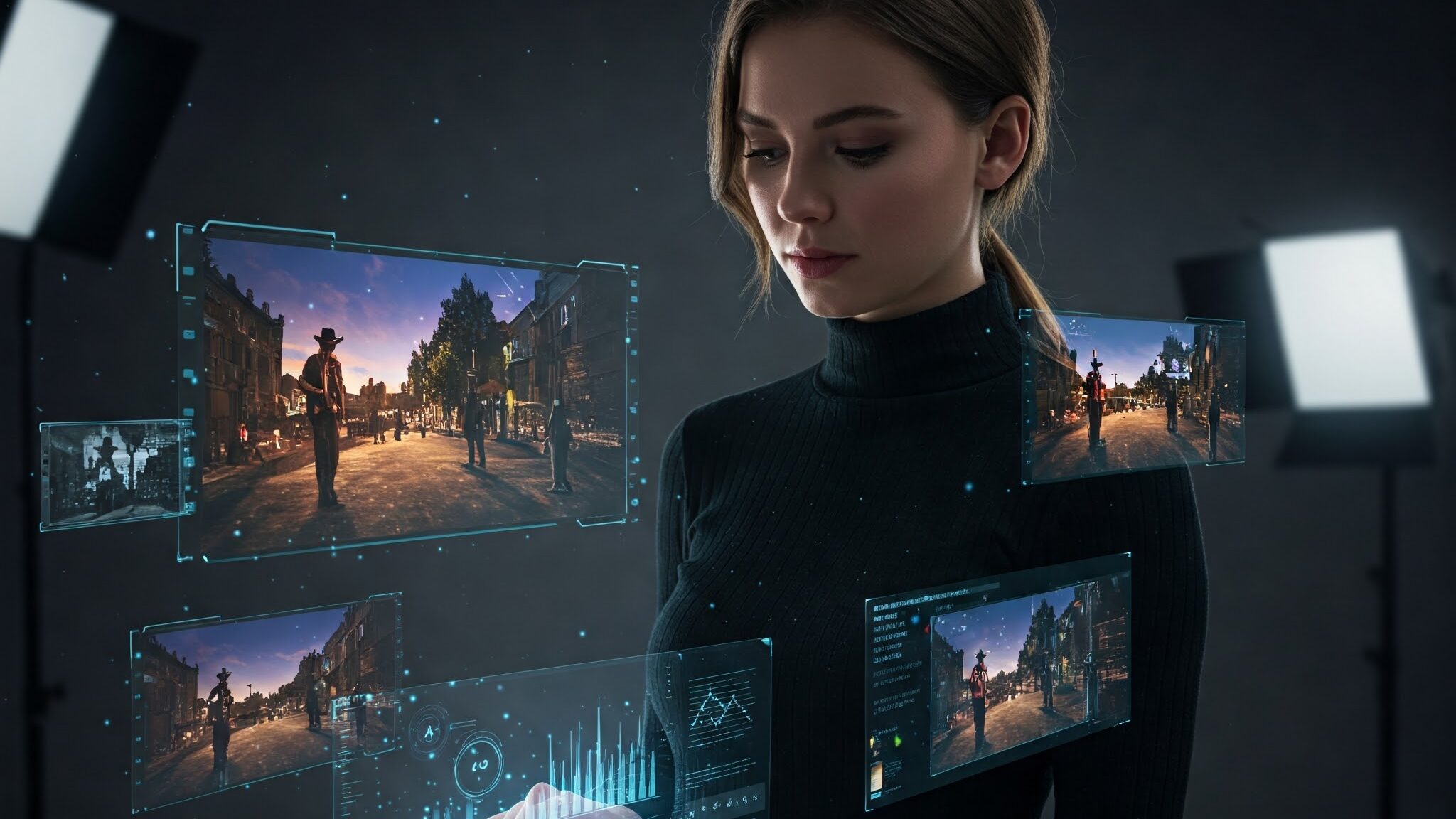 Film director using an AI-powered tablet to manage holographic movie scenes on a futuristic set.