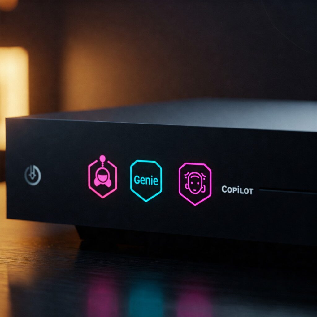 Icons of Muse, Genie, and Copilot glowing on a sleek gaming console.