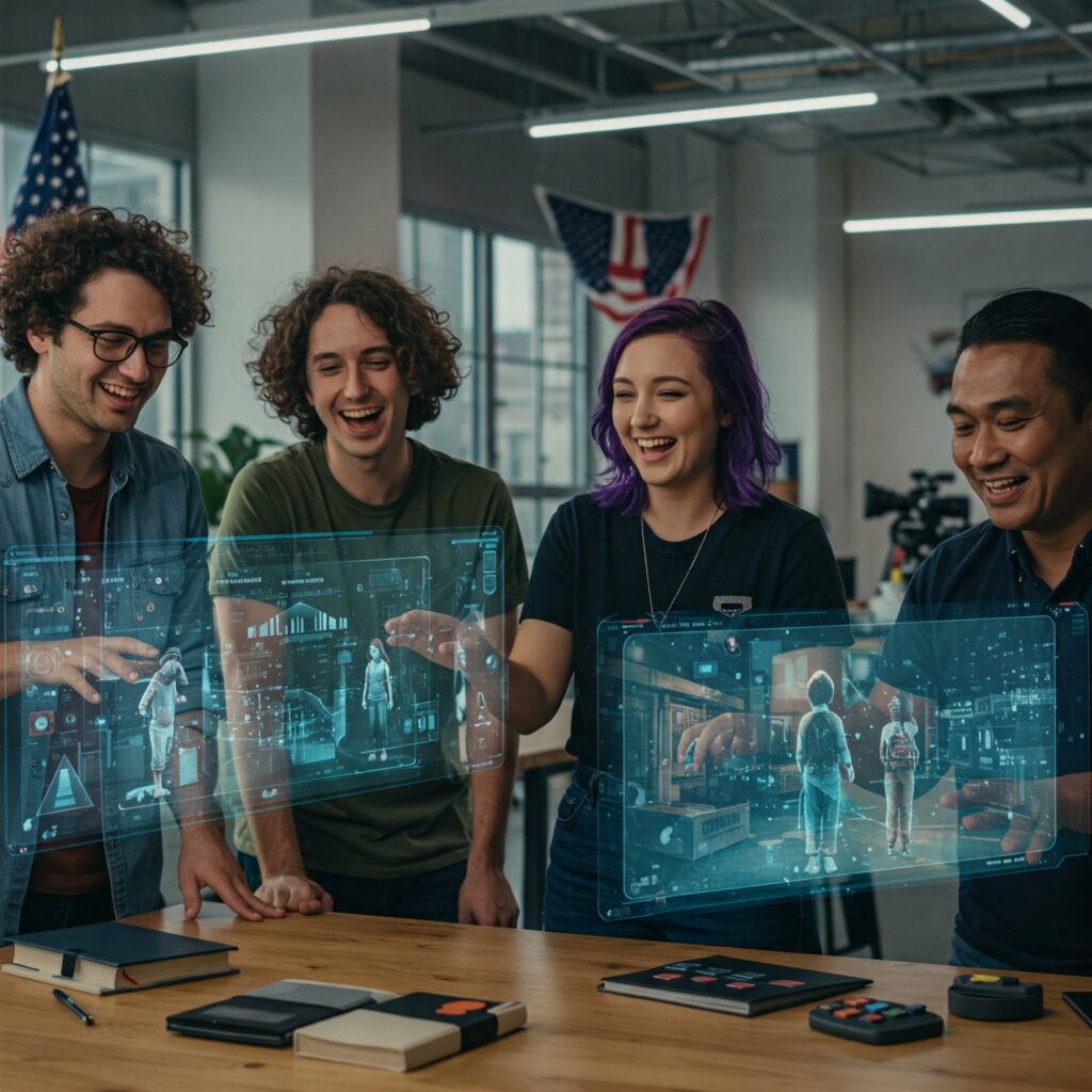 U.S. creators embracing AI-driven storytelling with holograms in a vibrant co-working space.