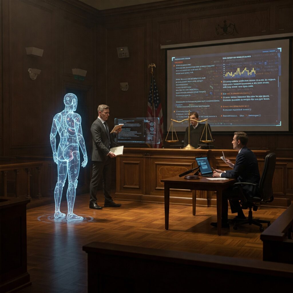 Courtroom with holographic AI figure, symbolizing challenges and ethical considerations of AI in entertainment.