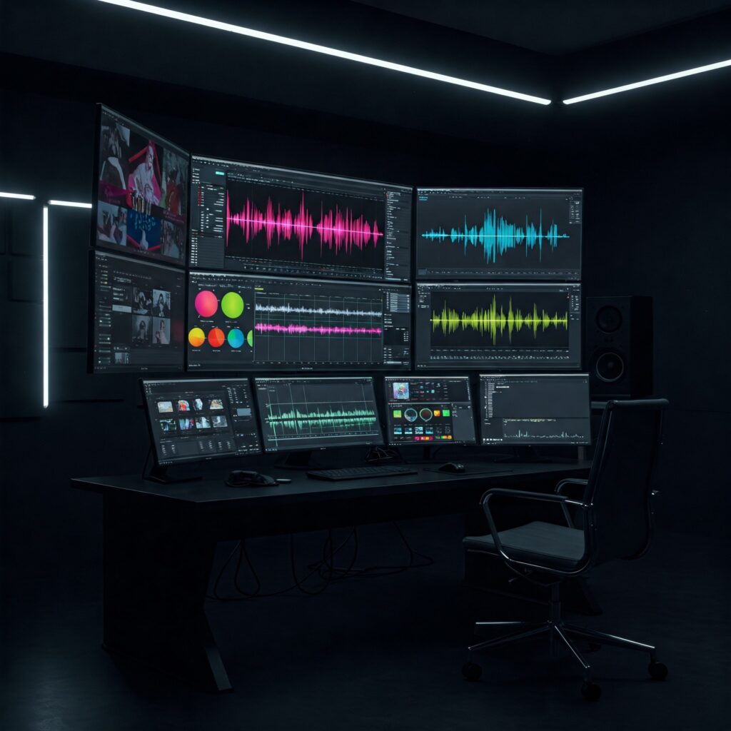 Editor’s workstation with AI auto-editing tools on screens, demonstrating AI in entertainment post-production.