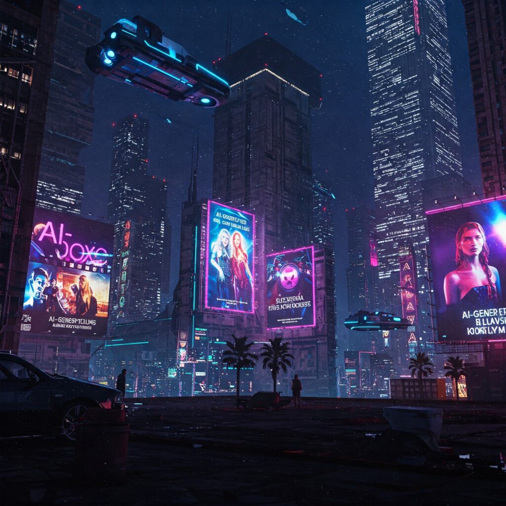 Futuristic city skyline with AI-generated entertainment billboards, concluding the impact of AI in entertainment in 2025.