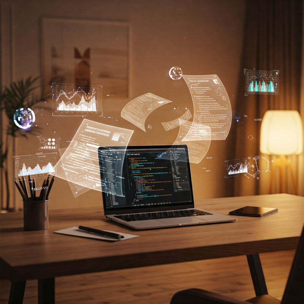 Writer’s desk with AI script generator on laptop, illustrating AI in entertainment for scriptwriting in 2025.