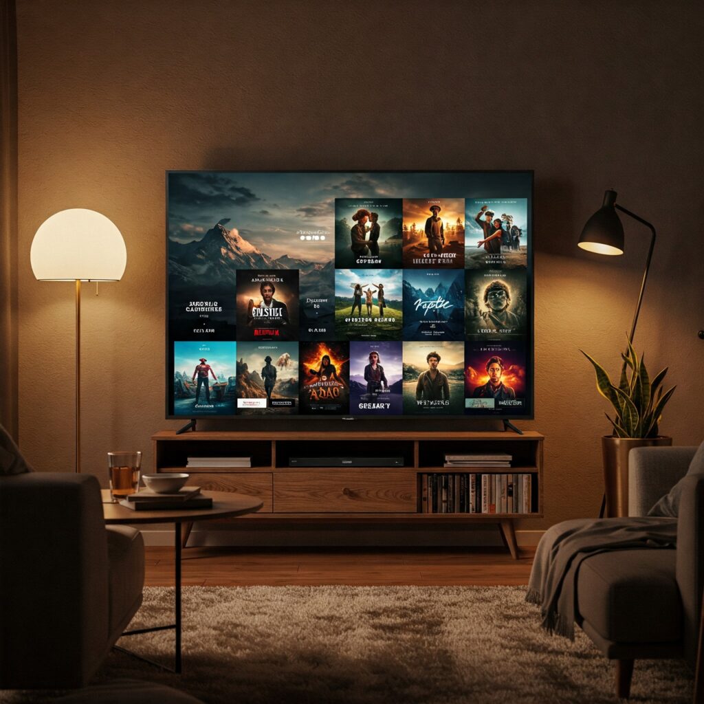 Smart TV in a living room showing AI-generated personalized content, reflecting AI in entertainment recommendations for 2025.