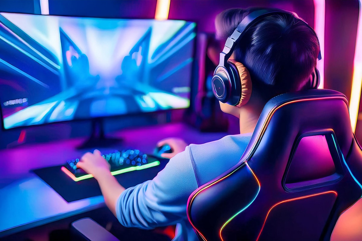 Gamer playing a blockbuster game on a tablet via cloud gaming 2025, with platform logos and a futuristic backdrop.