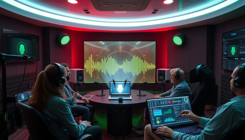 Futuristic cityscape representing the future of podcasting in 2025.