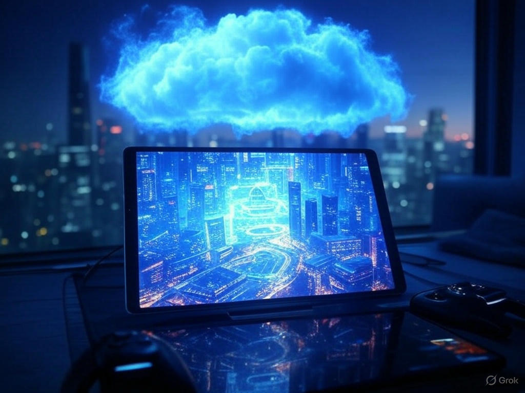 Cloud gaming 2025 setup with a tablet streaming a high-quality game in a futuristic environment.