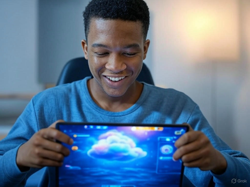 Gamer enjoying cloud gaming 2025 on a tablet with a digital cloud interface.