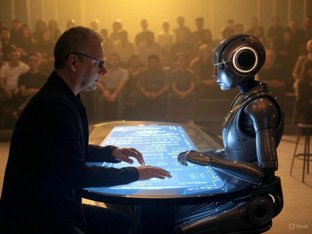 AI-driven storytelling in action: screenwriter and robot collaborate on a Hollywood set with a glowing script.