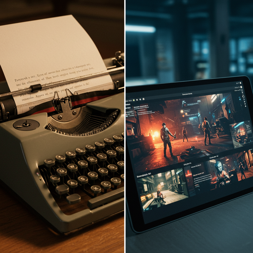 AI-driven storytelling transforms traditional writing into modern narratives on a sleek tablet.