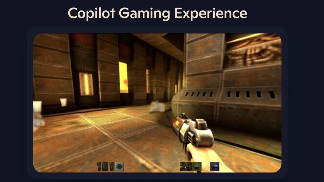AI in gaming Quake II demo interface on Copilot Gaming Experience, showing a first-person shooter view with health and ammo counters.