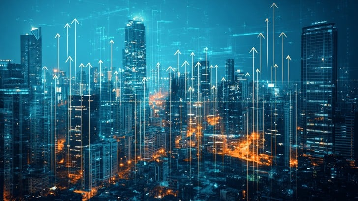 Futuristic US cityscape with icons of innovative business models like AI and subscriptions.