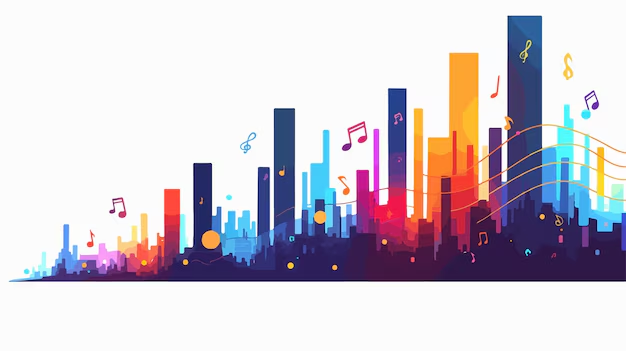 Futuristic Cityscape with Sound Speaker and Music Notes