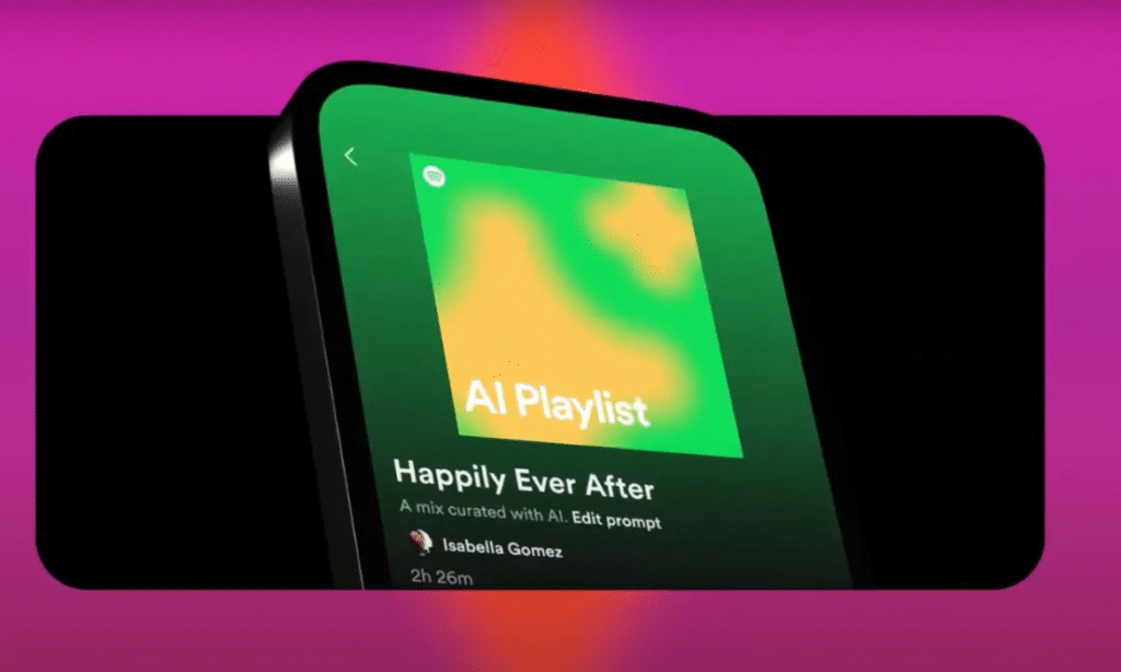Music streaming app interface with AI playlists and video content, 2025 trends.