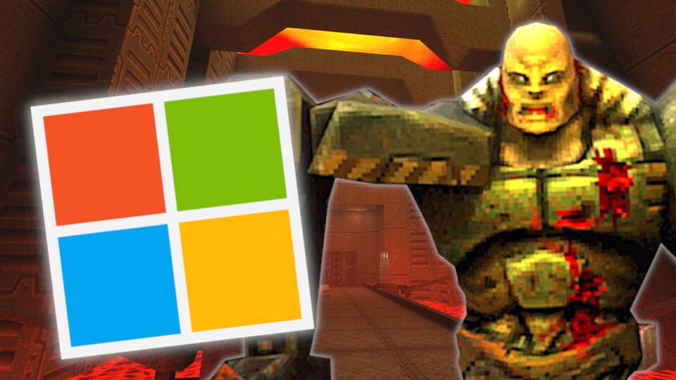 Microsoft logo with an AI in gaming Quake II enemy character in a futuristic corridor, showcasing AI-driven gameplay.