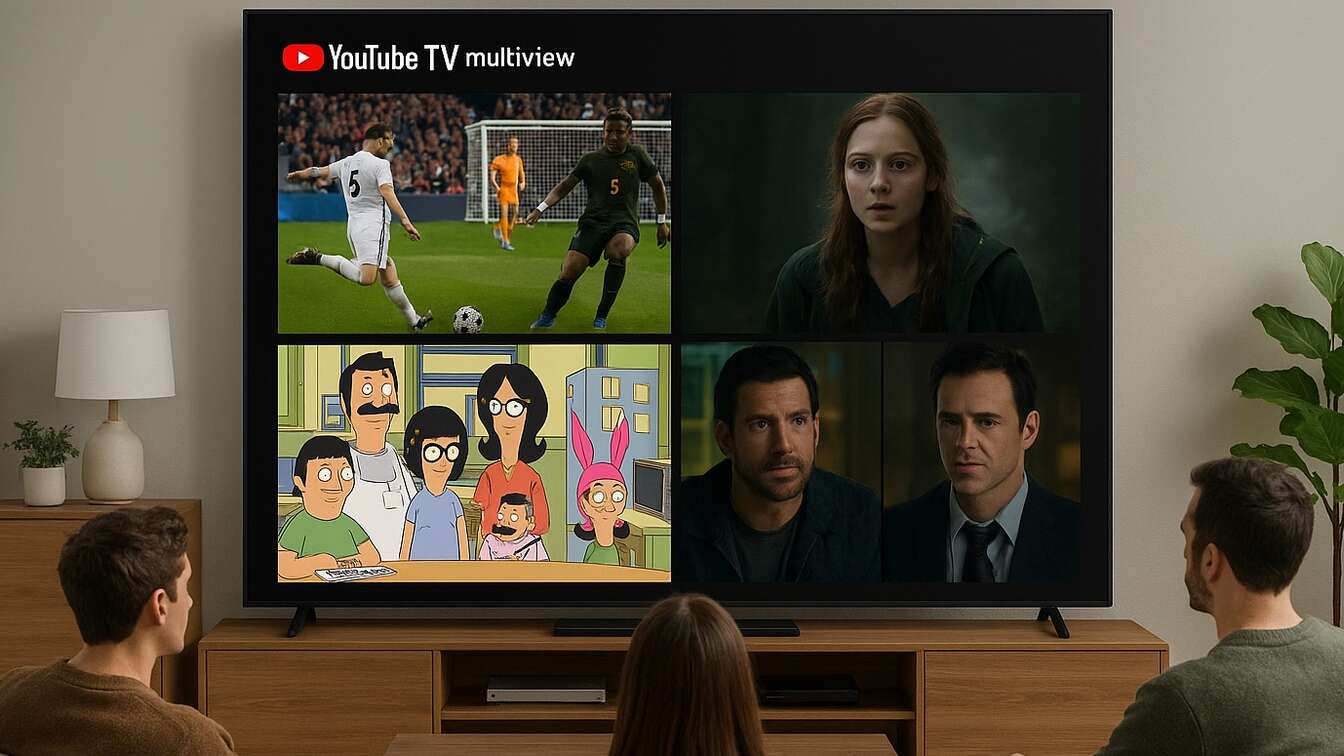 family enjoying youtube tv multiview